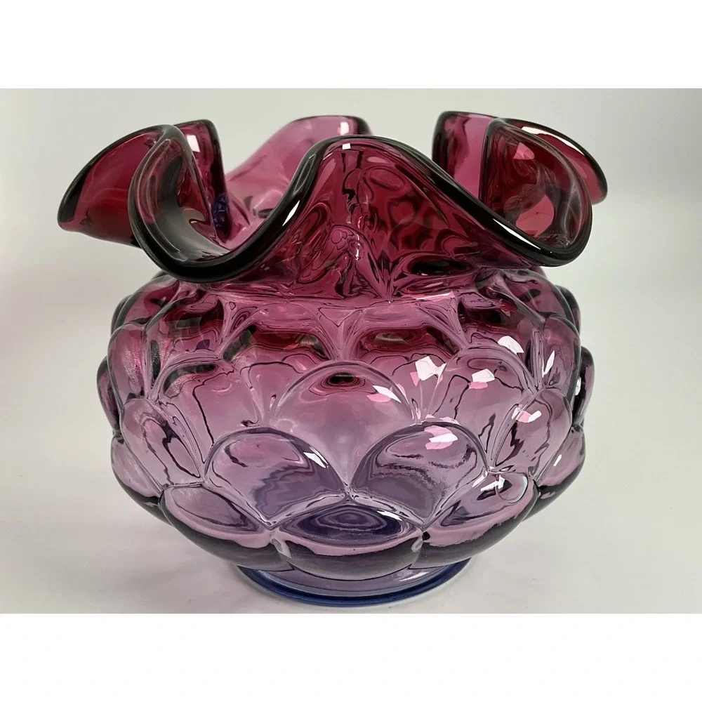 Fenton Mulberry Jacqueline Art Glass Vase Ruffled Rose Bowl Fish Scale Pattern